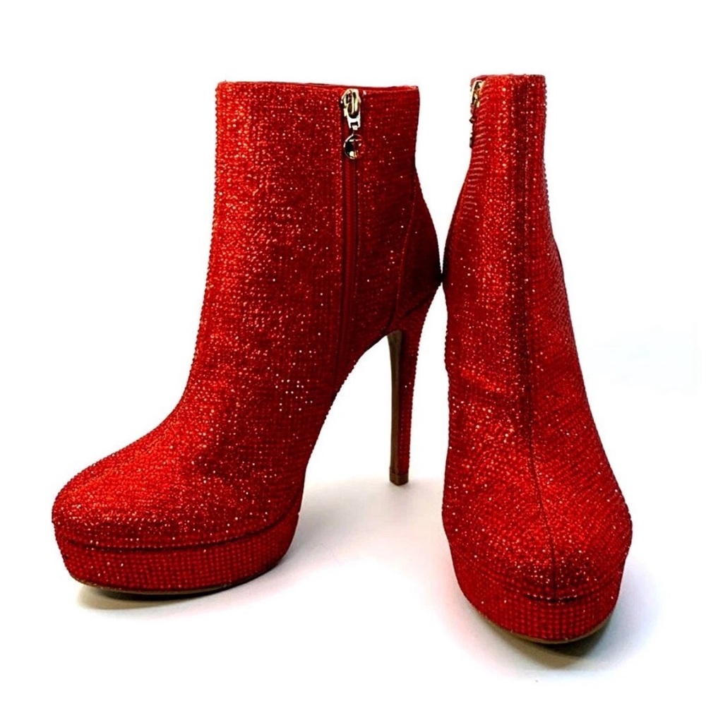 Thalia Sodi Dazzling Red Glitter Heeled Boots Size 7